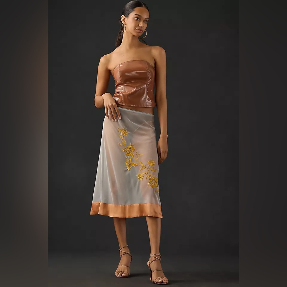 NWT By Anthropologie Embroidered Sheer Midi Skirt